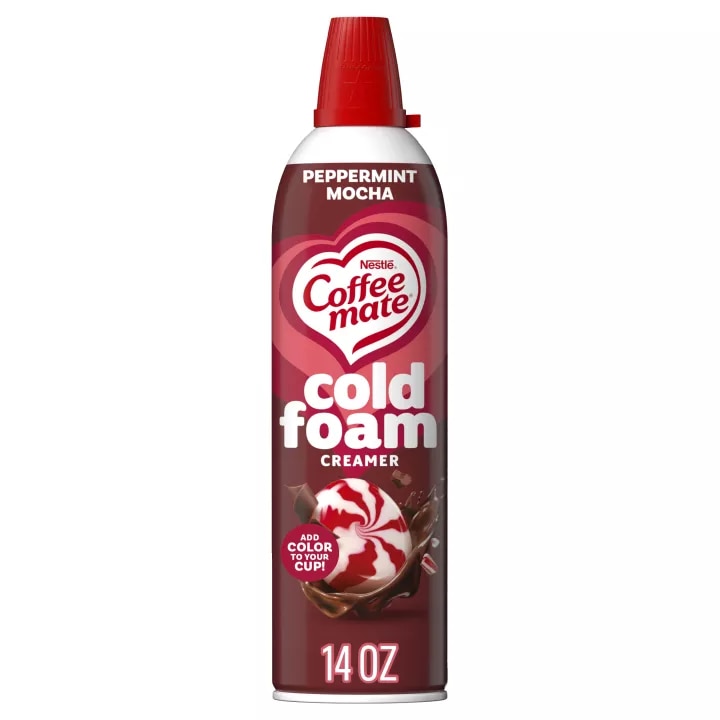 Vista frontal centrada de un creamer de espuma fría sabor Peppermint de NESTLE COFFEE MATE con peso neto de 14oz (396g).