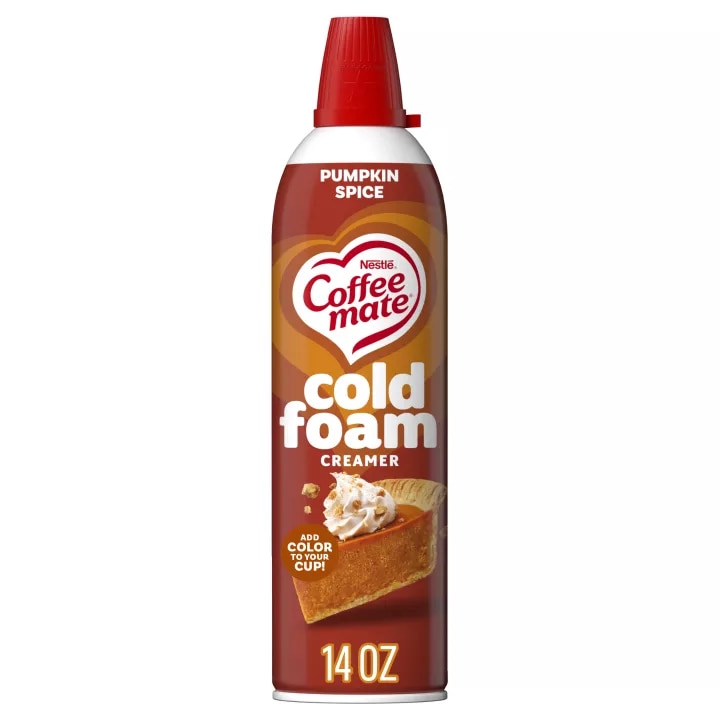 Vista frontal centrada de un frasco de creamer de espuma sabor Pumpkin de NESTLE COFFEE MATE con peso neto de 14oz (396g).