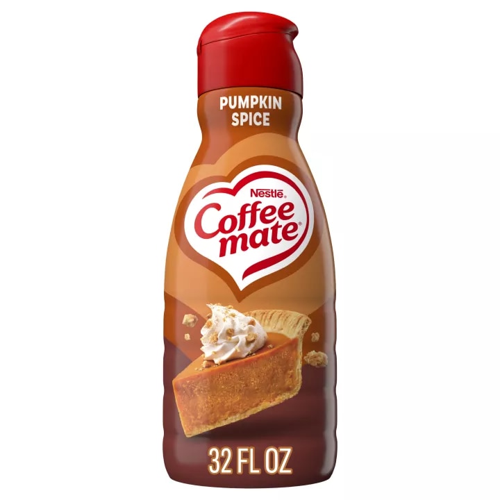 Front Center view of Coffee Mate NESTLE COFFEE MATE Pumpkin Spice Liquid Non-Dairy Creamer 32 fl. oz. Bottle 32 FL OZ (1 QT) 946 mL product.