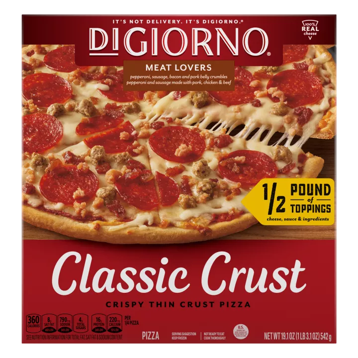 Caja de pizza DiGiorno Classic Crust Meat Lovers que lee media libra de toppings, salsa, queso e ingredientes.