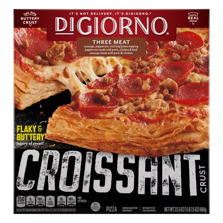 Box of DiGiorno Croissant Crust Three Meat Pizza with BUTTERY layers of crust label and the Croissant Crust logo.