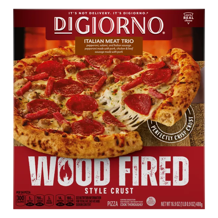 Front Center view of DIGIORNO Frozen Wood Fired Pizza Italian Meat Trio 16.9oz Box NET WT 16.9 oz (1 lb. 0.9oz) 480g product.