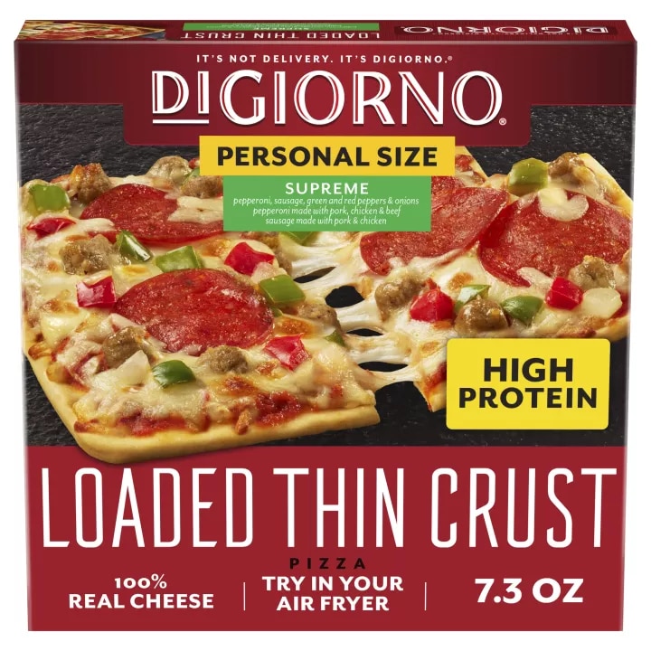 Front Center view of DIGIORNO Frozen Pizza Thin Crispy Crust Supreme 10x7.3oz Carton NET WT 7.3 oz (209 g) product.