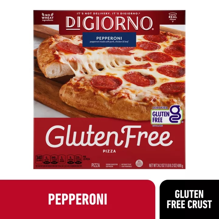 A box of Gluten Free Pepperoni Pizza with New & Improved Recipe, No Wheat Ingredients and 100% Real Cheese labels.
