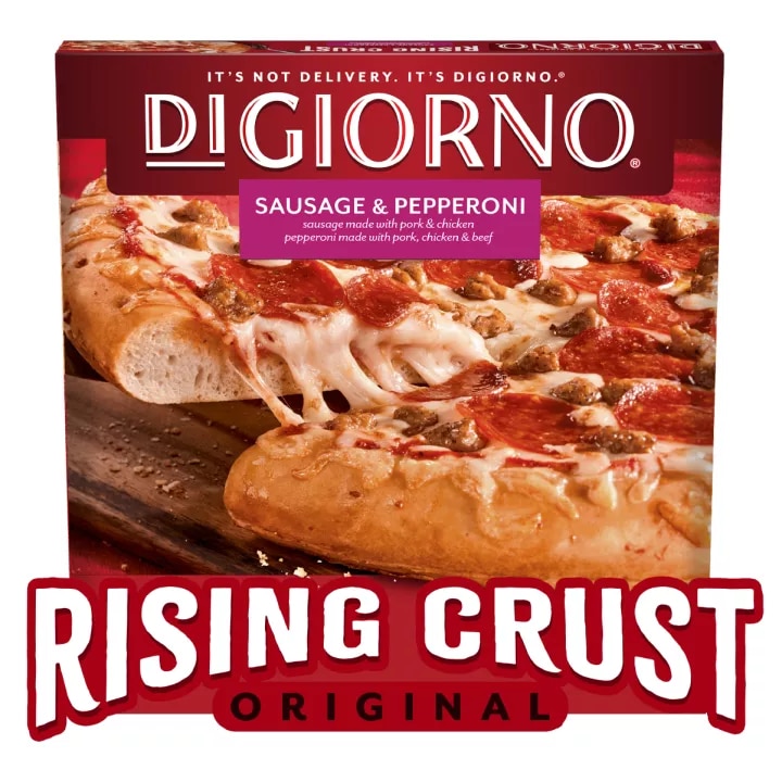 Box of DiGiorno Rising Crust Sausage & Pepperoni pizza with a slice on a cutting board and the Rising Crust logo.