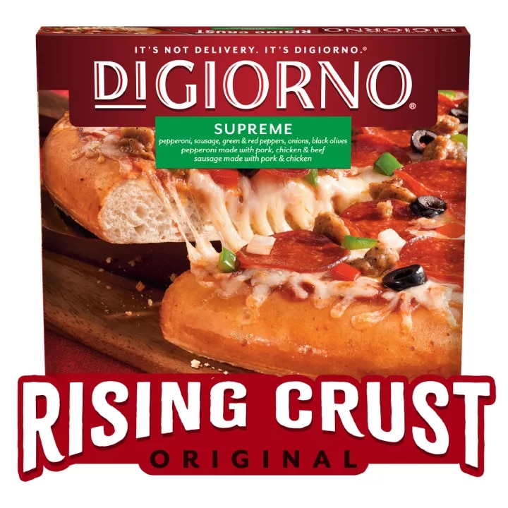 Box of DiGiorno Rising Crust Supreme pizza with a slice on a cutting board and the Rising Crust logo.