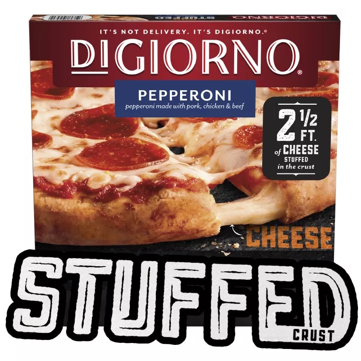 Caja de pizza DiGiorno Croissant Crust Pepperoni Pizza, nombre del producto, imagen de la pizza y logo Croissant Crust