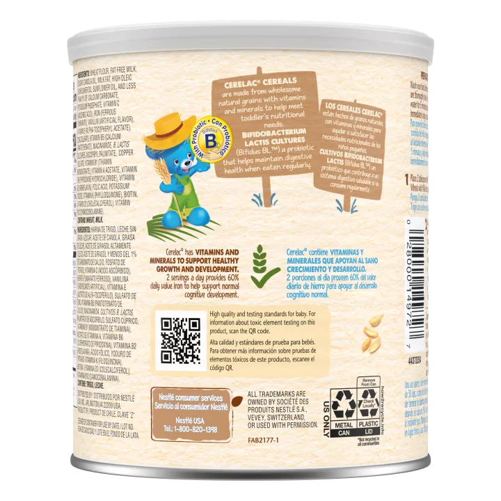 Front Left view of Cerelac Wheat Cereal with Milk 14.1 oz Canister NET WT/PESO NETO 14.1 OZ (400g) product.
