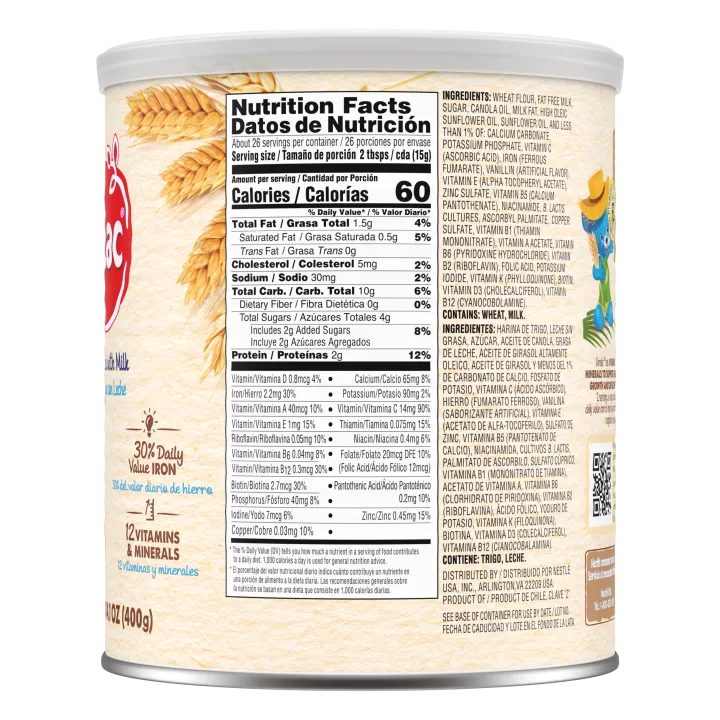 Front Right view of Cerelac Wheat Cereal with Milk 14.1 oz Canister NET WT/PESO NETO 14.1 OZ (400g) product.