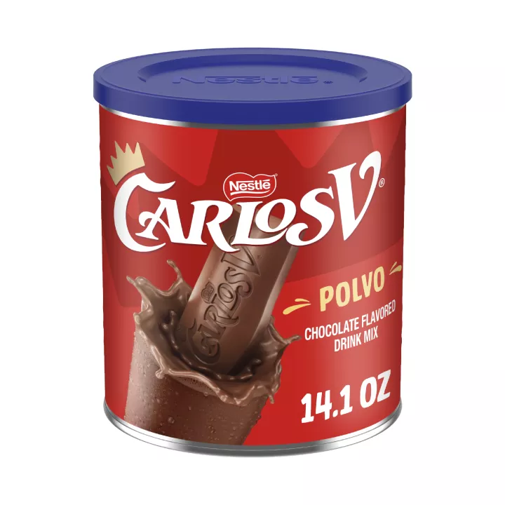 Front Center view of Nestle Carlos V Powder Chocolate Flavored Drink Mix, 14.1oz NET WT 14.1 OZ (400 g) product.