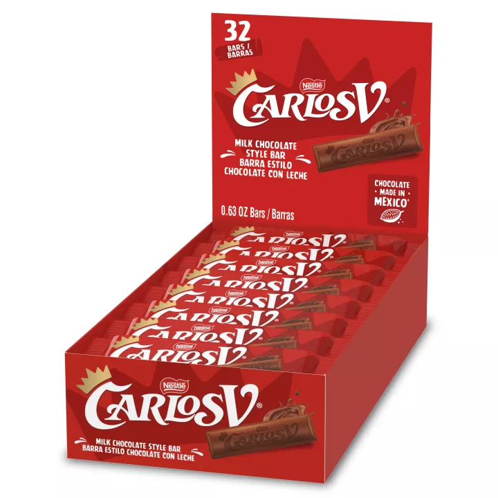 Front Center view of Nestle Carlos V Milk Chocolate Style Bar 8(32ct x 0.63oz) Carton.