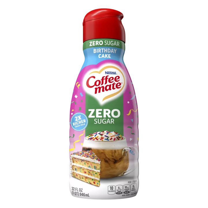 Front Center view of NESTLE COFFEE MATE Liquid Creamer Zero Sugar Birthday Cake 32floz Bottle 32 FL OZ (1 QT) 946 mL product.