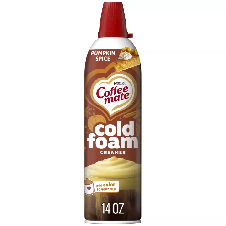 Front Center view of NESTLE COFFEE MATE Foam Creamer Pumpkin 14oz Bottle NET WT 14 oz (396 g) product.