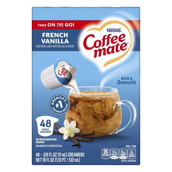 Box of single serve French Vanilla Coffee Creamer with a coffee mug, vanilla beans and a America’s #1 Creamer Brand badge.