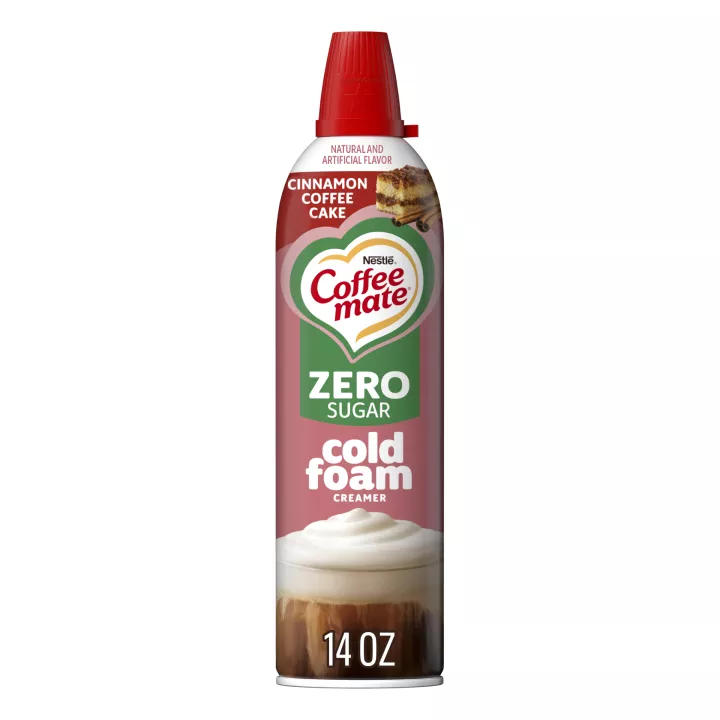 Front Center view of Coffee mate® Zero Sugar Cinnamon Coffee Cake Cold Foam Creamer, 14oz Can NET WT 14 oz (396 g) product.