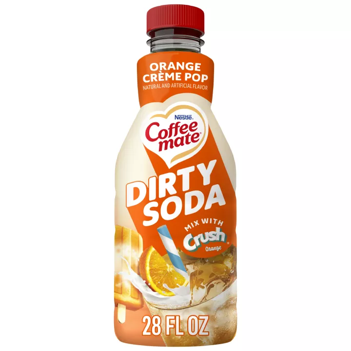 Front Center view of NESTLE COFFEE MATE Orange Crème Pop Flavor Liquid Dirty Soda 28 fl.oz Bottle 28 FL OZ (1.75 PT) 828 mL product.