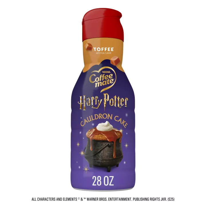 Front Center view of NESTLE COFFEE MATE Harry Potter Cauldron Cake Toffee Coffee Creamer 28floz Bottle 28 FL OZ (1.75 PT) 828 mL product.