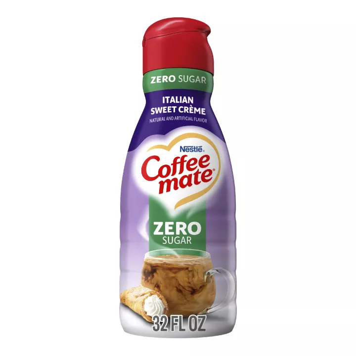 Bottle of Zero Sugar Italian Sweet Crème Coffee Creamer with coffee mug and cannoli and 2x Richer Than Milk label.