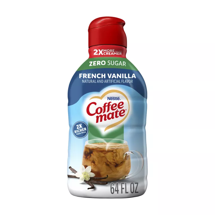 Botella de creamer Zero Sugar French Vanilla con sabor vainilla francesa y etiqueta de 2x más rico que la leche.