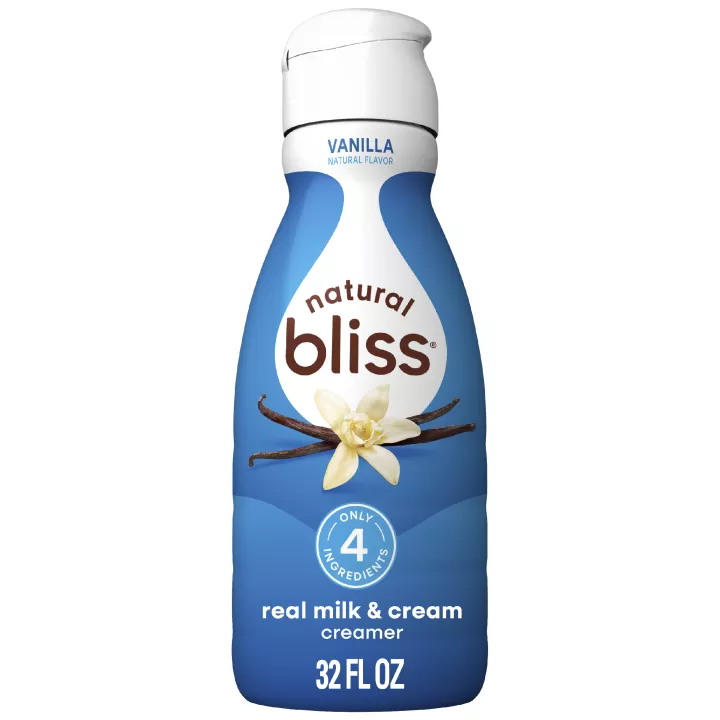White bottle of natural bliss Vanilla Creamer with a blue label, vanilla beans image and Only 4 Ingredients badge.