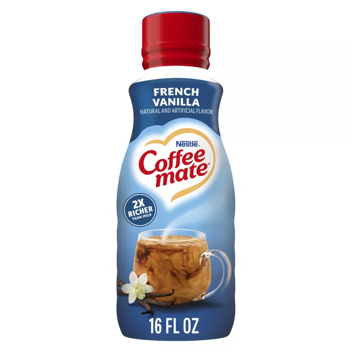 A blue bottle of French Vanilla Coffee Creamer with a coffee mug, vanilla beans and a America's #1 Creamer Brand badge.