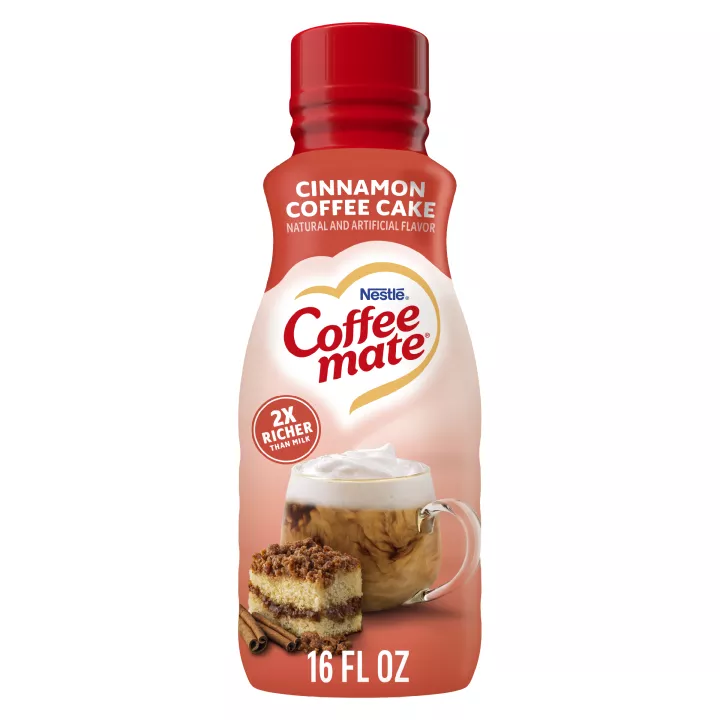 Vista frontal centrada de botella de 16 fl oz de creamer líquido NESTLE COFFEE MATE sabor Cinnamon Coffee Cake de 16 FL OZ (1 PT) 473 ML