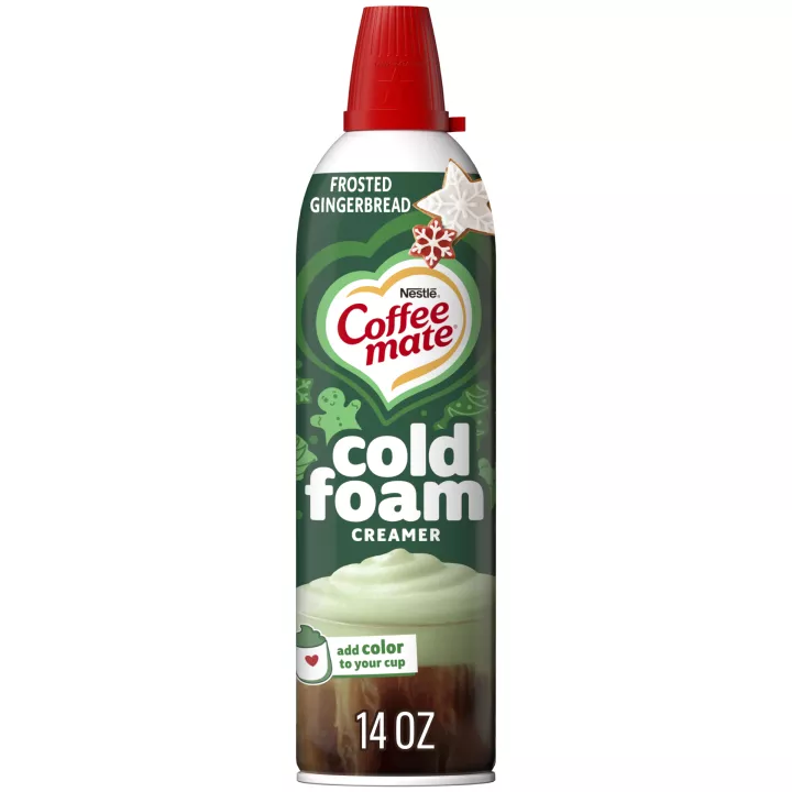 Front Center view of NESTLE COFFEE MATE Foam Creamer Gingerbread 14oz Bottle NET WT 14 oz (396 g) product.