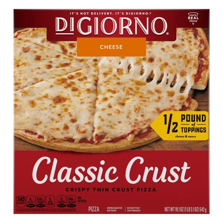 Vista frontal de una pizza congelada DiGiorno Classic Crust Cheese.
