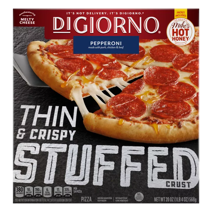 Caja de pizza de pepperoni, miel y masa rellena que lee queso real, miel The Original Mike y pepperoni de cerdo/pollo/res.