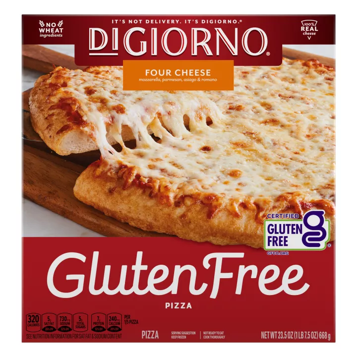 Caja de pizza DiGiorno Cuatro Quesos Sin Gluten con una pizza entera y letreros que leen Sin Trigo y Queso 100% Auténtico.