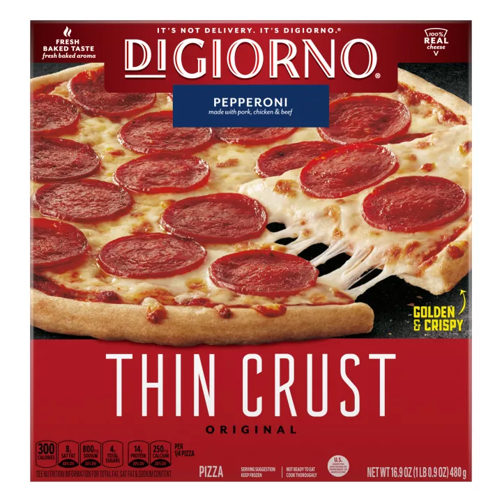 Red box with center-aligned product labels showing DIGIORNO Original Thin Crust Pepperoni Pizza with slice being pulled away