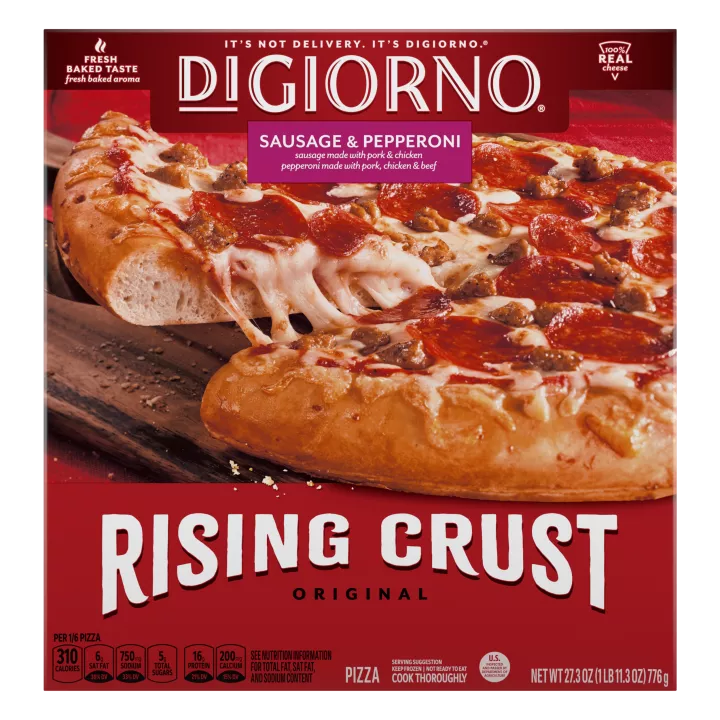Box of DiGiorno Rising Crust Sausage & Pepperoni pizza with a slice on a cutting board and the Rising Crust logo.