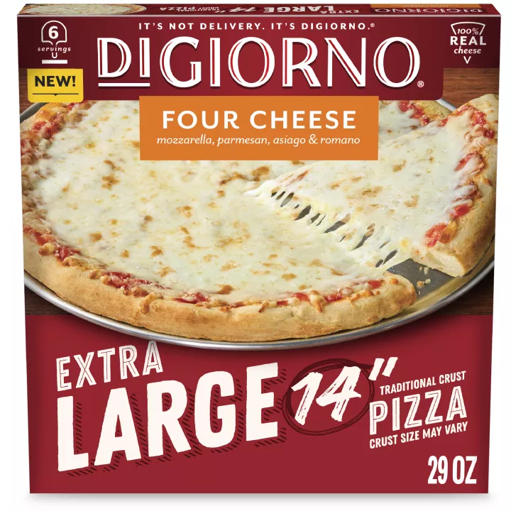 Front Center view of DiGiorno Extra Large Traditional Crust Four Cheese Frozen Pizza 14 in 29.0 oz Box NET WT 29 oz (1 lb 13 oz) 822g product.