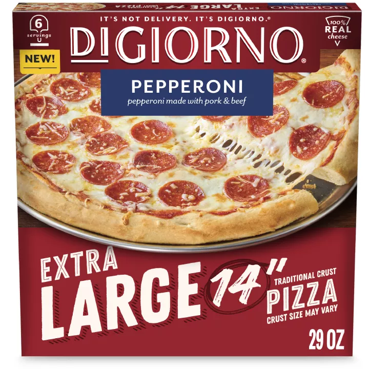 Front Center view of DiGiorno Extra Large Traditional Crust Pepperoni Frozen Pizza 14 in 29.0 oz Box NET WT 29 oz (1 lb 13 oz) 822 g product.