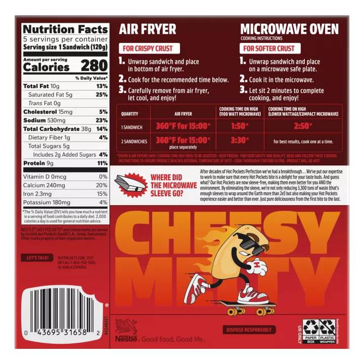 Left angle view photograph of a box of Four Cheese Pizza Hot Pockets® featuring the red and white Hot Pockets logo above the product name and a golden brown garlic pizza crust stuffed with parmesan, cheddar, provolone, and mozzarella cheese on a bright red surface with a yellow “5 Pack” label in the bottom right corner.