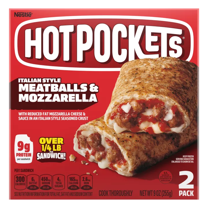 Caja de Italian Style Meatballs and Mozzarella Hot Pockets® con nombre y la imagen del producto y etiqueta "Paquete de 2".