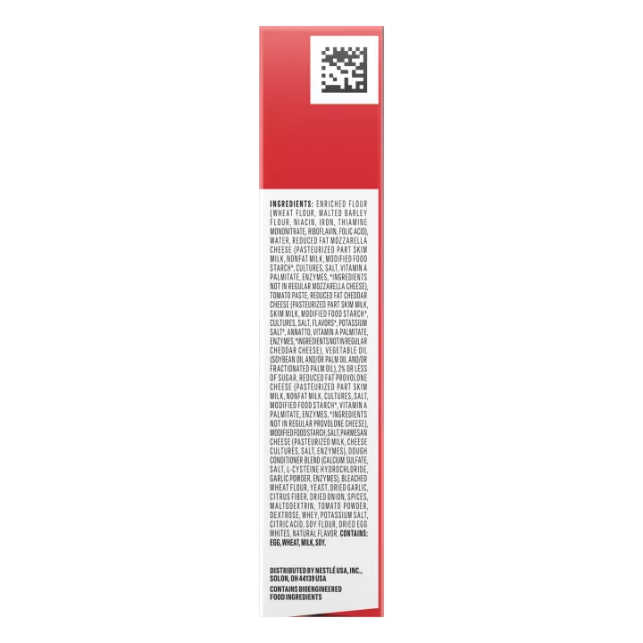 Right angle view photograph of a box of Four Cheese Pizza Hot Pockets® featuring the red and white Hot Pockets logo above the product name and a golden brown garlic pizza crust stuffed with parmesan, cheddar, provolone, and mozzarella cheese on a bright red surface with a “2 Pack” label in the bottom right corner.