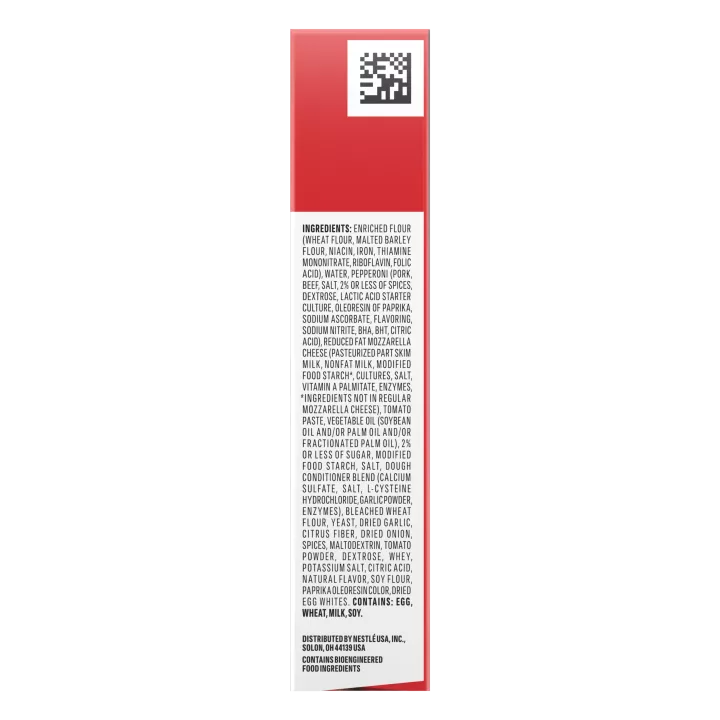 Right angle view photograph of a box of Pepperoni Pizza Hot Pockets® featuring the red and white Hot Pockets logo above the product name and a golden brown garlic butter crust stuffed with pepperoni and melted mozzarella cheese on a bright red surface with a “2 Pack” label in the bottom right corner.