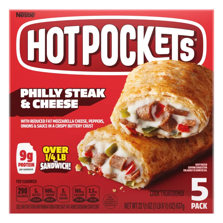 Box of Philly Steak & Cheese Hot Pockets® with the product name, product image, and “5 Pack” label in the corner.