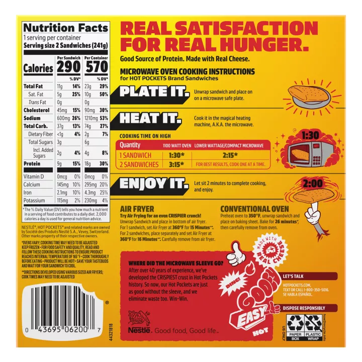 Una caja amarilla de Bacon, Egg & Cheese Hot Pockets con un sándwich con corteza de croissant sobre una etiqueta verde.