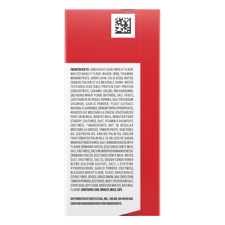 Fotografía desde ángulo derecho de caja de Italian Style Meatballs and Mozzarella Hot Pockets® con logotipo de Hot Pockets.