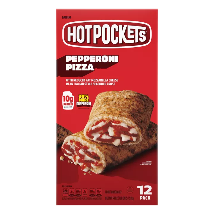 Box of Pepperoni Pizza Hot Pockets® with the product name, product image and a “12 Pack” label in the bottom right corner.