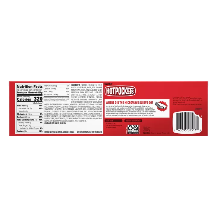 Right angle view photograph of a box of Pepperoni Pizza Hot Pockets® featuring the red and white Hot Pockets logo above the product name and two golden brown garlic buttery crusts stuffed with pepperoni and melted mozzarella cheese on a bright red surface with a “12 Pack” label in the bottom right corner.