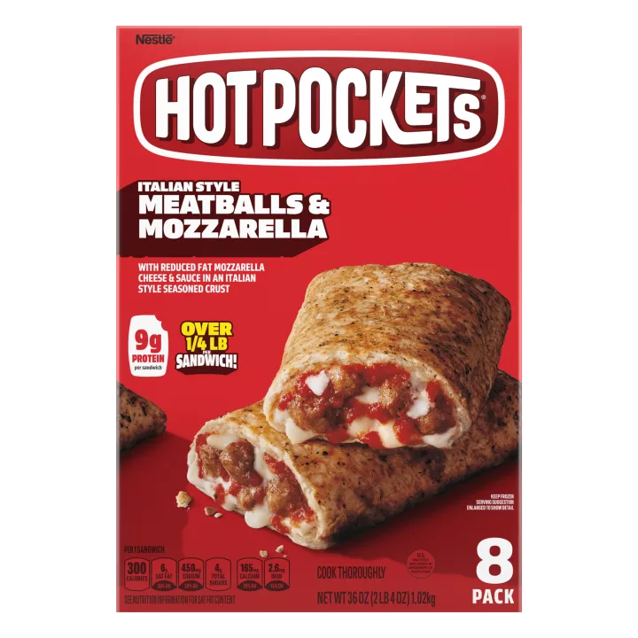 Box of Italian Style Meatballs and Mozzarella Hot Pockets® with 8 Pack, 9g protein and over ¼ LB per sandwich labels.