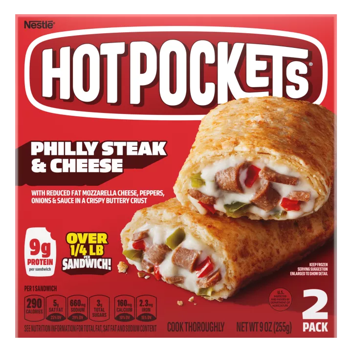 Box of Philly Steak & Cheese Hot Pockets® with crust stuffed with melty cheese and meat and a “2 Pack” label in the corner.