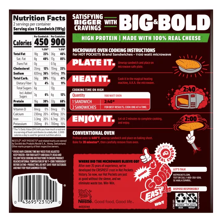 Left angle view photograph of a box of Chicken Bacon Ranch Hot Pockets® featuring the red and white Hot Pockets logo 