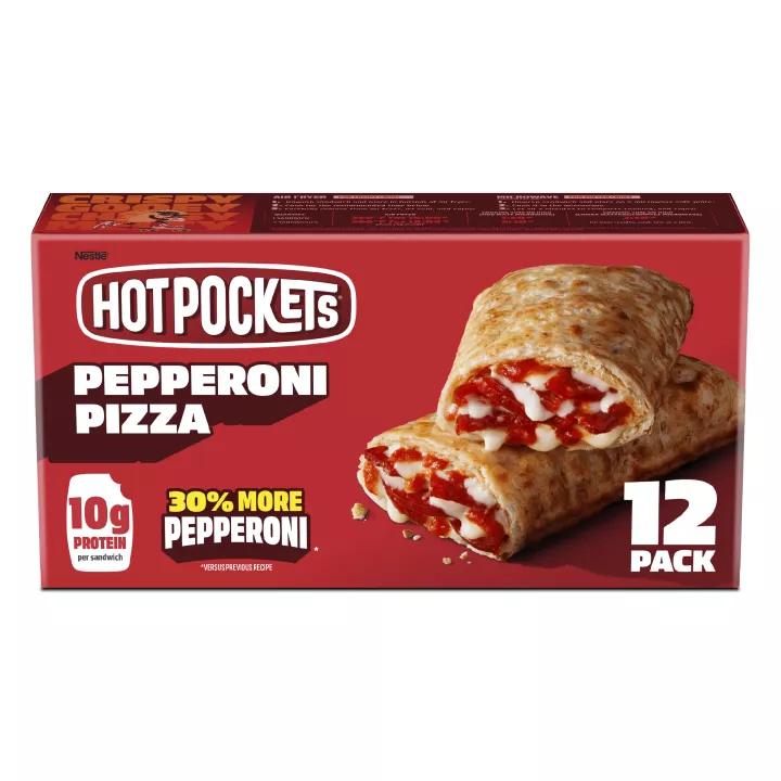Front Center view of Hot Pockets Pepperoni Crispy Crust Frozen Sandwiches 54 oz 12 Pack Box NET WT 54 oz (3 lb 6 oz) 1.53 kg product.