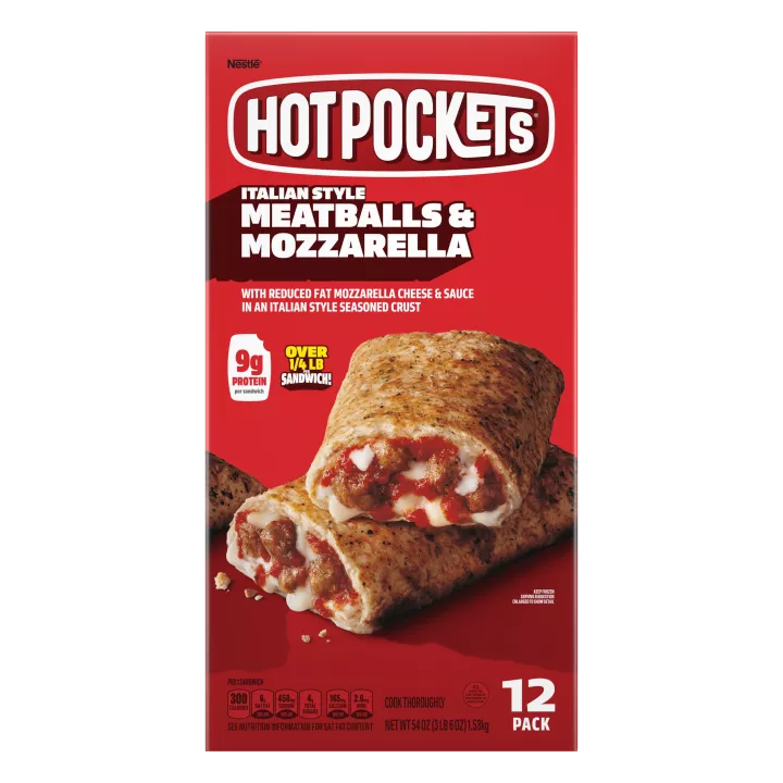 Box of Italian Style Meatballs and Mozzarella Hot Pockets® with the product name, image and a “12 Pack” label in the corner.