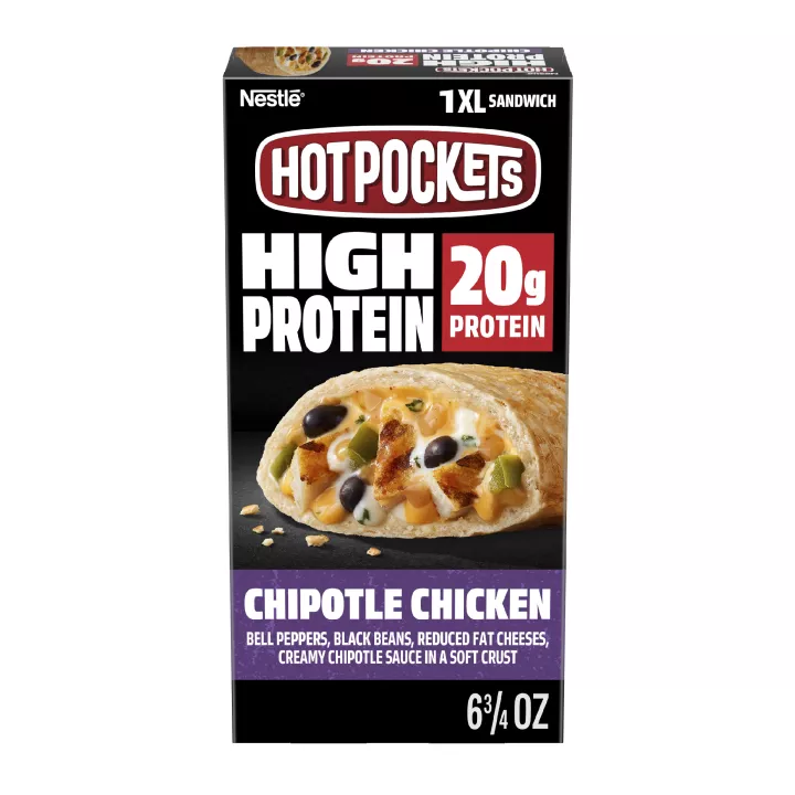 Vista frontal centrada de caja de NESTLE HOT POCKETS Frozen Snack Protein Chicken de 6.75 oz (191 g).