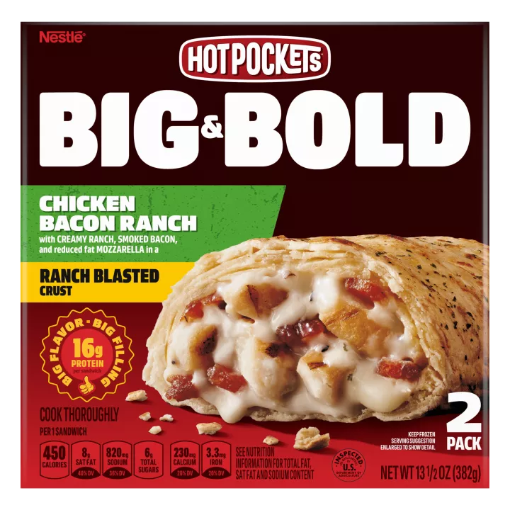 Box of Chicken Bacon Ranch Hot Pockets® with the product name, image, Big & Bold 